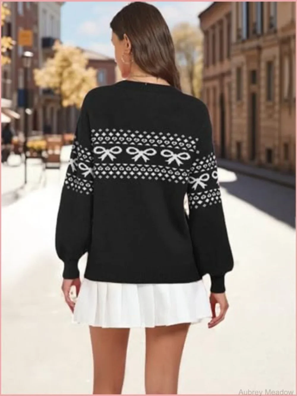 Crew Neck Pullover Sweater Women Long Sleeve Knit Tops Bow Decor